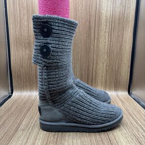 UGG Cardy Knit Sweater Mid Calf Boots Button Gray Womens US Size 5